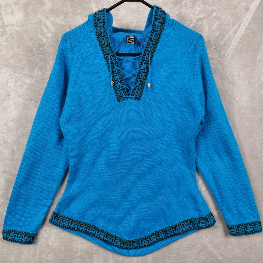 100% Alpaca Sweater Hoodie Pullover Women XL Blue Aztec Charms Boho